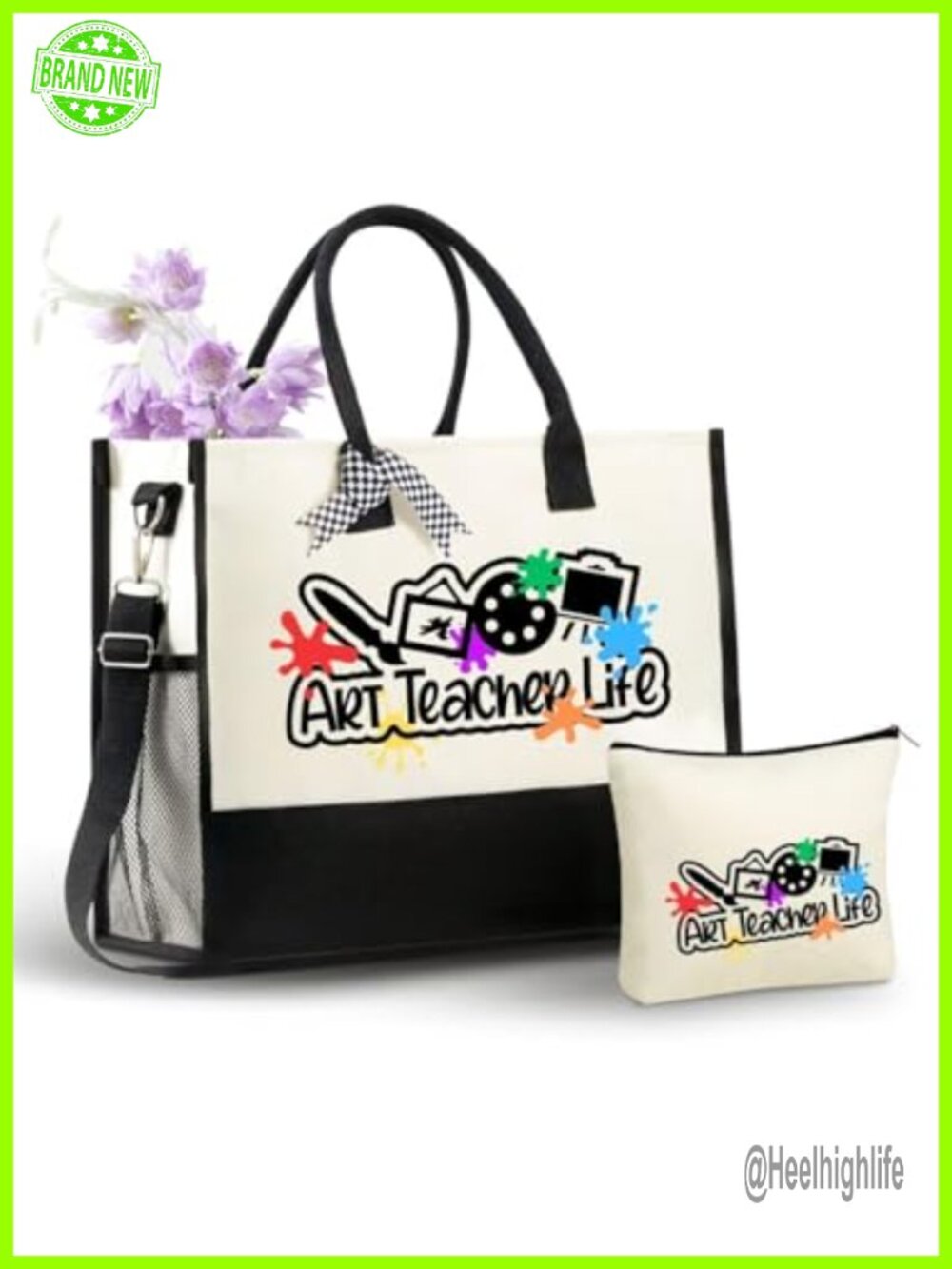 Canvas Tote Bag with Makeup Pouch, Teacher Gift Laptop Tote, Adjustable Strap